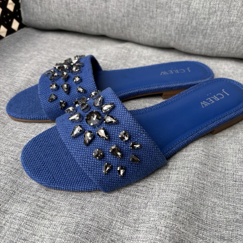 J. Crew Factory Sz 8 Jewel Slide Sandals Crystals ‎ Blue Canvas